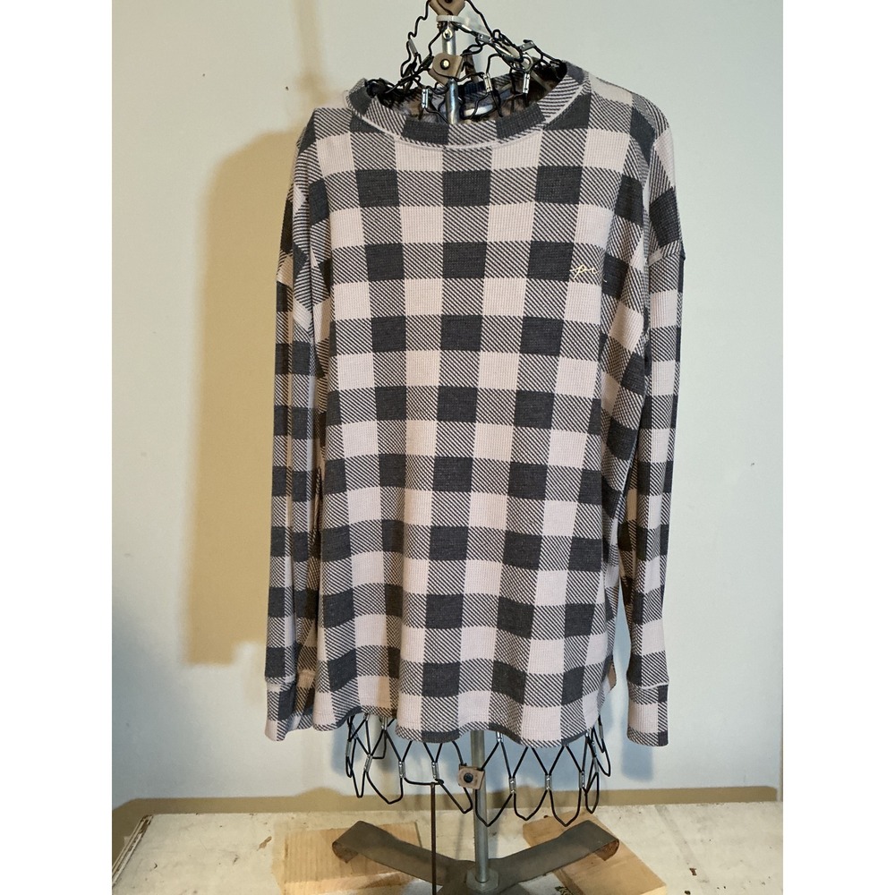 PINK Victoria's Secret Waffle‎ Knit Sleep Top Large Buffalo Plaid Pink Grey L
